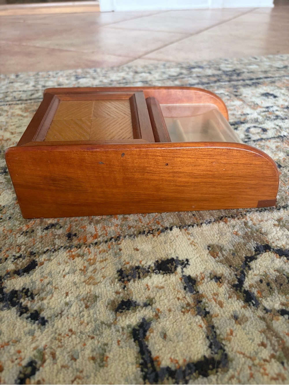 Vintage London Leather Wooden Jewelry Box Dresser Valet Parquet Inlay - Picture 5 of 11